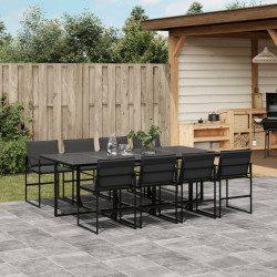 9 Pcs conj. de jantar para jardim c/ almofadões textilene preto