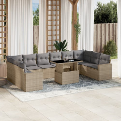 11 Pcs conjunto sofás de jardim c/ almofadões vime PE bege