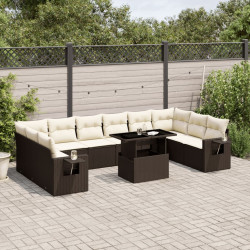 11 Pcs conjunto sofás de jardim c/ almofadões vime PE castanho