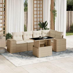6 Pcs conjunto de sofás p/ jardim com almofadões vime PE bege