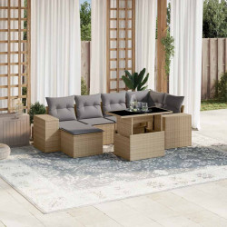 7 Pcs conjunto de sofás p/ jardim com almofadões vime PE bege