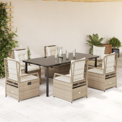 7 Pcs conjunto de jantar p/ jardim com almofadões vime PE bege