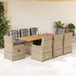 9 Pcs conjunto de jantar p/ jardim com almofadões vime PE bege