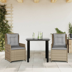 3 Pcs conjunto de jantar p/ jardim com almofadões vime PE bege