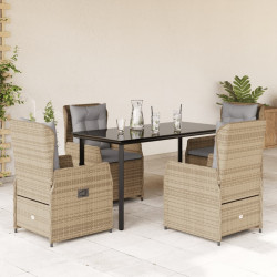 5 Pcs conjunto de jantar p/ jardim com almofadões vime PE bege