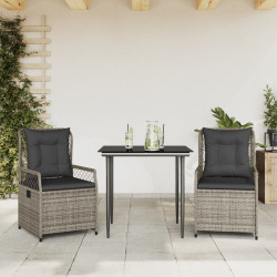 3 Pcs conjunto de jantar p/ jardim c/ almofadões vime PE cinza