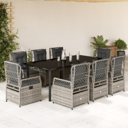 9 Pcs conjunto de jantar p/ jardim c/ almofadões vime PE cinza