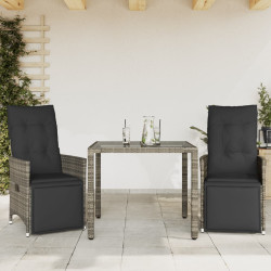 3 Pcs conjunto bistrô de jardim c/ almofadões vime PE cinza