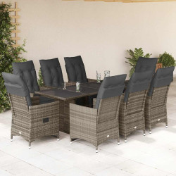 9 Pcs conjunto bistrô de jardim c/ almofadões vime PE cinzento