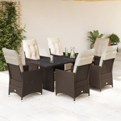 7 Pcs conjunto bistrô de jardim c/ almofadões vime PE castanho