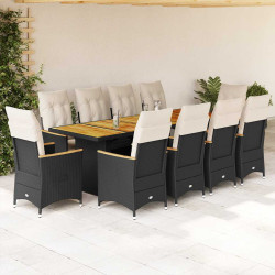 11 Pcs conjunto de bistrô p/ jardim c/ almofadões vime PE preto