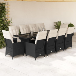 11 Pcs conjunto de bistrô p/ jardim c/ almofadões vime PE preto