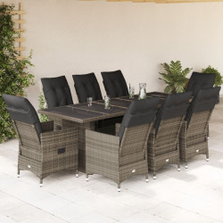 9 Pcs conjunto bistrô de jardim c/ almofadões vime PE cinzento