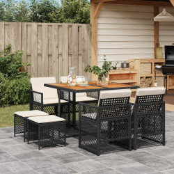 9 Pcs conjunto de jantar p/ jardim c/ almofadões vime PE preto