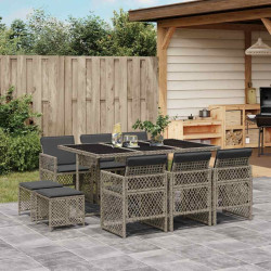 11 Pcs conjunto jantar p/ jardim c/ almofadões vime PE cinzento