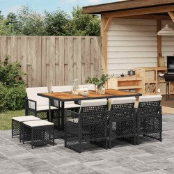 11 Pcs conjunto de jantar p/ jardim c/ almofadões vime PE preto