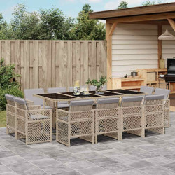13 Pcs conj. jantar jardim c/ almofadões vime PE bege misturado