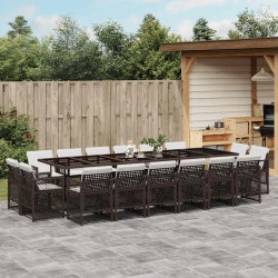 17 Pcs conjunto jantar p/ jardim c/ almofadões vime PE castanho