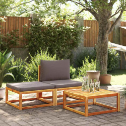 Conjunto de sofás de jardim de 3 peças com almofadas de madeira de acácia e vime