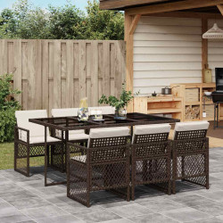 7 Pcs conjunto jantar p/ jardim c/ almofadões vime PE castanho
