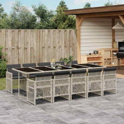 11 Pcs conjunto jantar p/ jardim c/ almofadões vime PE cinzento