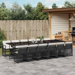 13 Pcs conjunto de jantar p/jardim com almofadões vime PE preto