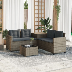 Sofá de jardim forma de l c/ mesa e almofadões vime PE cinzento