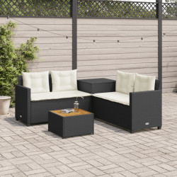 Sofá de jardim em forma de l c/ mesa e almofadões vime PE preto