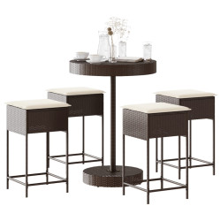 5 Pcs conjunto de bar p/ jardim c/ almofadões vime PE castanho