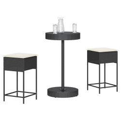 3 Pcs conjunto de bar para jardim c/ almofadões vime PE preto