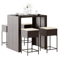 5 Pcs conjunto de bar p/ jardim c/ almofadões vime PE castanho