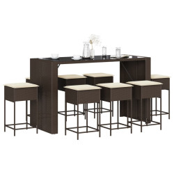 9 Pcs conjunto de bar p/ jardim c/ almofadões vime PE castanho
