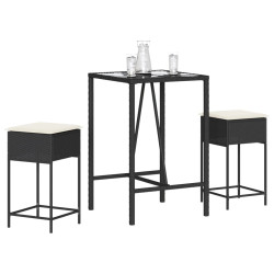 3 Pcs conjunto de bar para jardim c/ almofadões vime PE preto