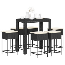 7 Pcs conjunto de bar para jardim c/ almofadões vime PE preto