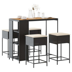 5 Pcs conjunto de bar p/ jardim c/ almofadões vime PE preto