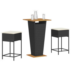 3 Pcs conjunto de bar para jardim c/ almofadões vime PE preto