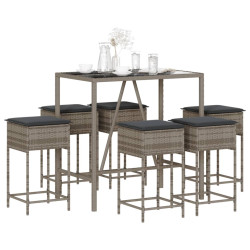 7 Pcs conjunto de bar p/ jardim c/ almofadões vime PE cinzento