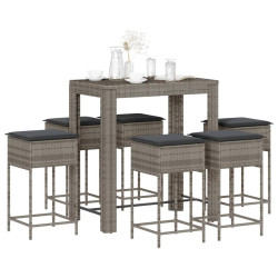 7 Pcs conjunto de bar p/ jardim c/ almofadões vime PE cinzento