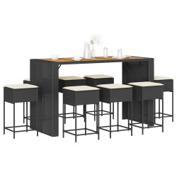 9 Pcs conjunto de bar para jardim c/ almofadões vime PE preto