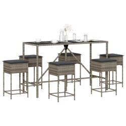 7 Pcs conjunto de bar p/ jardim c/ almofadões vime PE cinzento