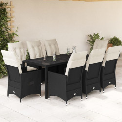 9 Pcs conjunto de jantar p/ jardim c/ almofadões vime PE preto