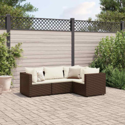 4 Pcs conjunto lounge jardim c/ almofadões vime PE castanho