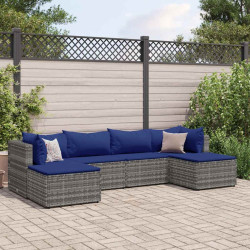6 Pcs conjunto lounge de jardim c/ almofadões vime PE cinzento