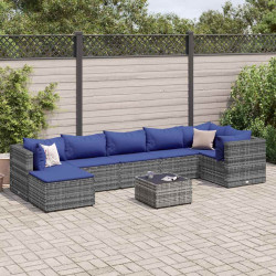 8 Pcs conjunto lounge de jardim c/ almofadões vime PE cinzento