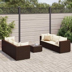 7 Pcs conjunto lounge jardim c/ almofadões vime PE castanho