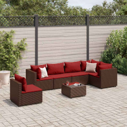 7 Pcs conjunto lounge de jardim c/ almofadões vime PE castanho