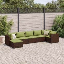 7 Pcs conjunto lounge de jardim c/ almofadões vime PE castanho