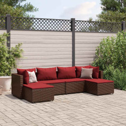 6 Pcs conj. lounge jardim c/ almofadões 6 pcs vime PE castanho
