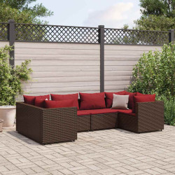 6 Pcs conj. lounge jardim c/ almofadões 6 pcs vime PE castanho