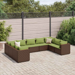 9 Pcs conjunto lounge de jardim c/ almofadões vime PE castanho